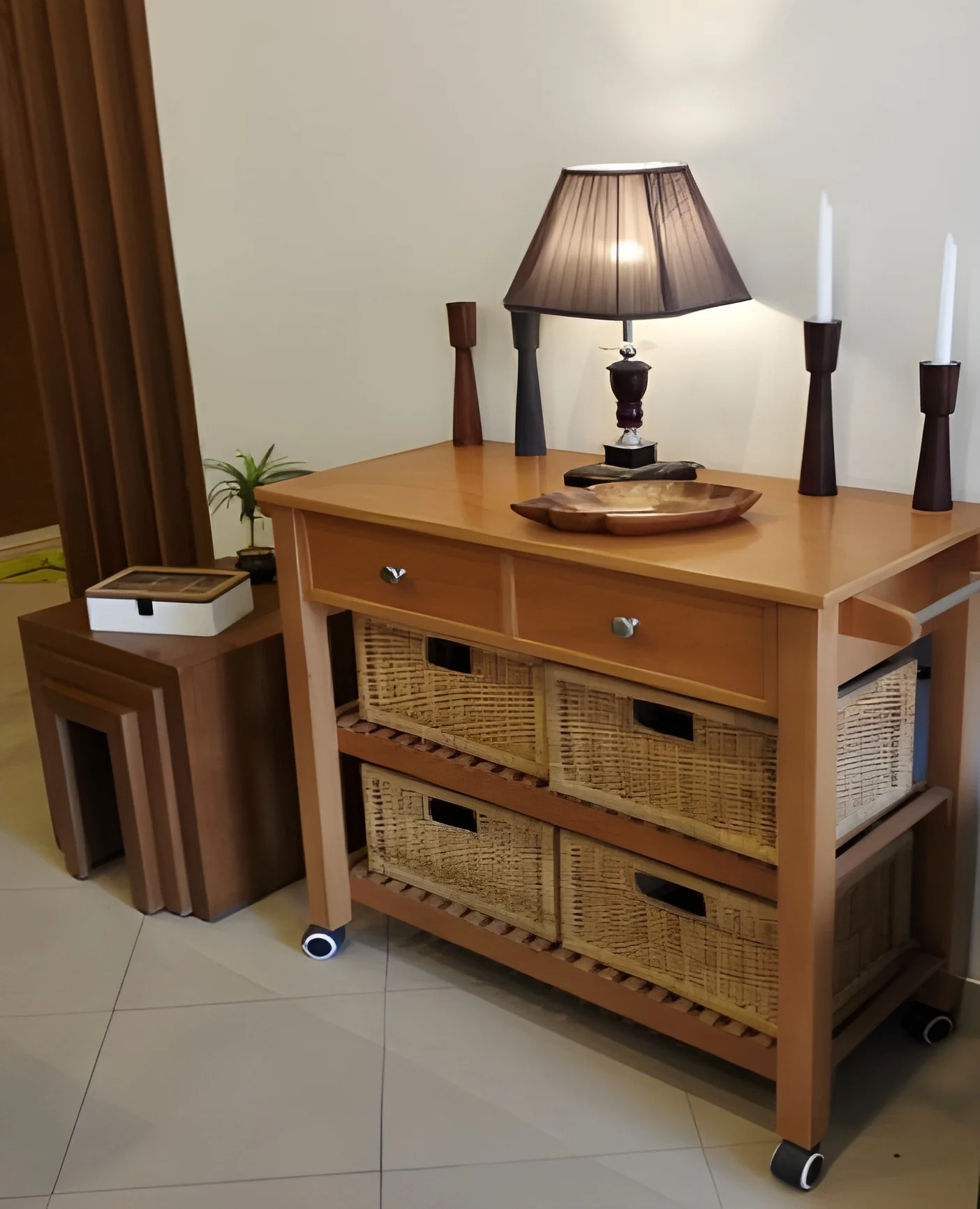 Entryway Console Cart with wicker storage baskets
